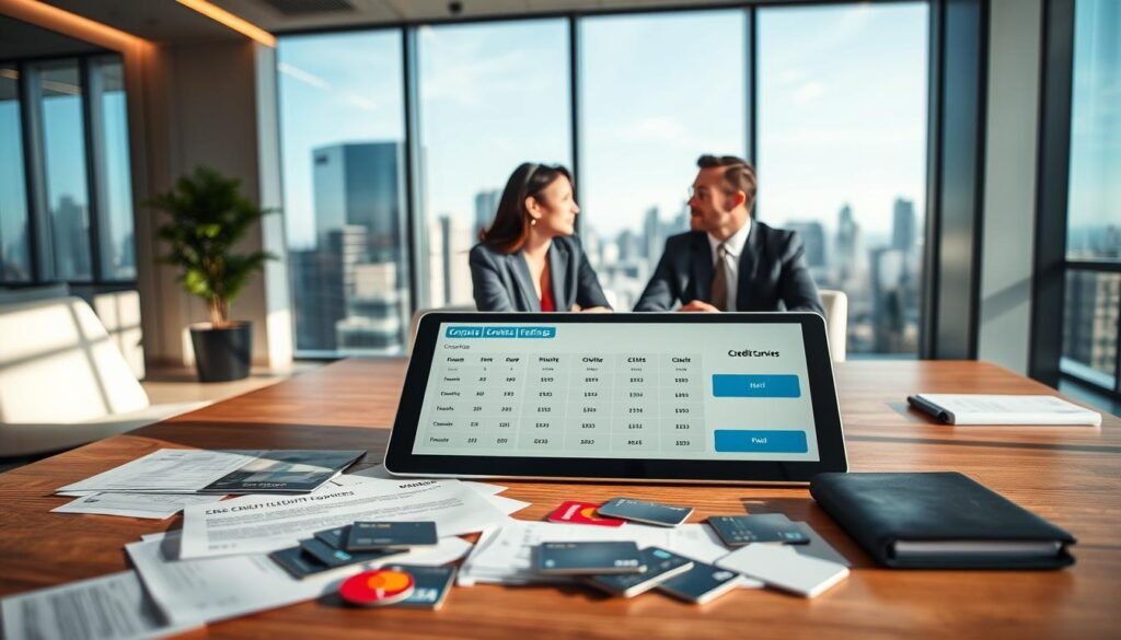 A modern corporate office interior with warm, natural lighting. In the foreground, a wooden desk displays an array of financial documents, credit cards, and a tablet displaying a credit comparison website. In the middle ground, two business professionals sit at the desk, engaged in discussion. The background features sleek, minimalist decor, including a large window overlooking a bustling city skyline. The overall atmosphere conveys a sense of professionalism, financial expertise, and the exploration of personal and business credit options.