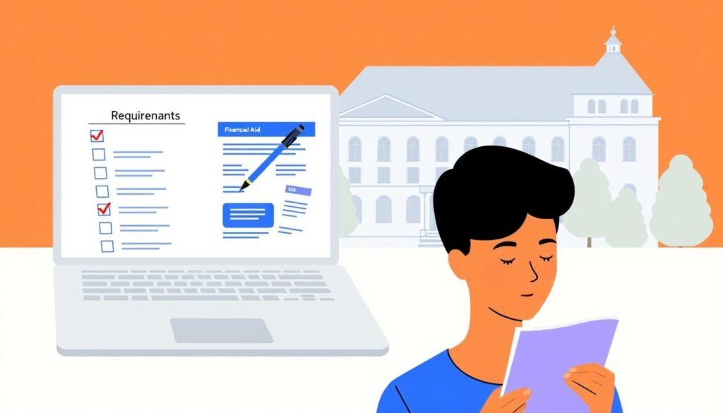 A modern, minimalist illustration depicting the key elements of eligibility for graduate funding. In the foreground, a person reviewing a checklist of requirements, their expression focused and determined. The middle ground features a laptop displaying application forms and financial aid information, conveying the digital nature of the process. In the background, a stylized representation of a university campus, with architectural details hinting at the academic setting. The overall mood is one of clarity, organization, and a sense of purpose, guiding the viewer through the important steps of securing graduate funding.