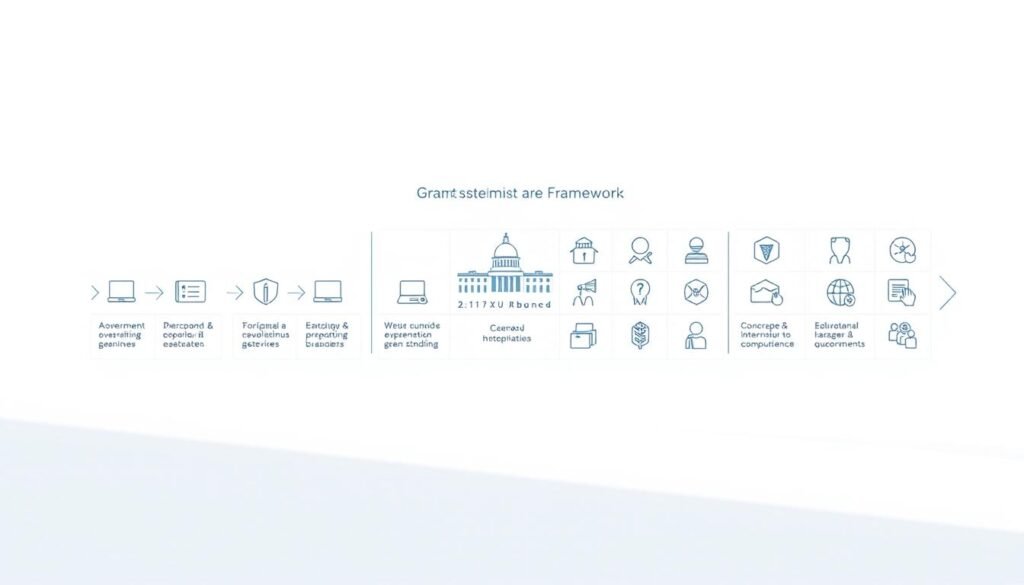 A modern, minimalist illustration showcasing the federal grants administration framework. In the foreground, a series of organized steps and processes, represented by clean geometric shapes and lines, guide the viewer through the grants lifecycle. The middle ground features various government agencies and stakeholders, symbolized by simplified icons, collaborating within a structured grid layout. The background bathes the scene in a soft, neutral color palette, conveying a sense of professionalism and authority. Subtle lighting creates depth and highlights the streamlined, efficient nature of the grants management system. The overall composition suggests a well-defined, yet adaptable framework that facilitates the effective administration of federal funding.