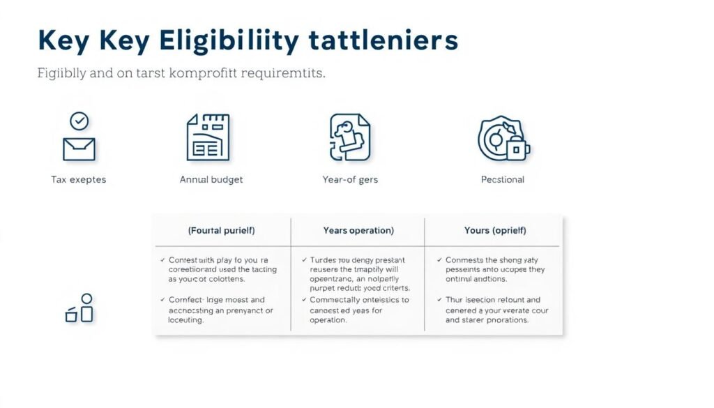 A modern, minimalist infographic showcasing the key eligibility criteria for nonprofit funding. In the foreground, clean icons and pictograms illustrate the essential requirements, such as tax-exempt status, annual budget size, and years of operation. The middle ground features a grid layout with concise, bullet-point descriptions of each criterion, presented in a clear, easy-to-scan format. The background is a soft, neutral gradient, allowing the information to be the focal point. Subtle shadows and a slightly muted color palette convey a professional, authoritative tone. The overall composition is balanced, visually compelling, and designed to quickly communicate the essential details to the viewer.