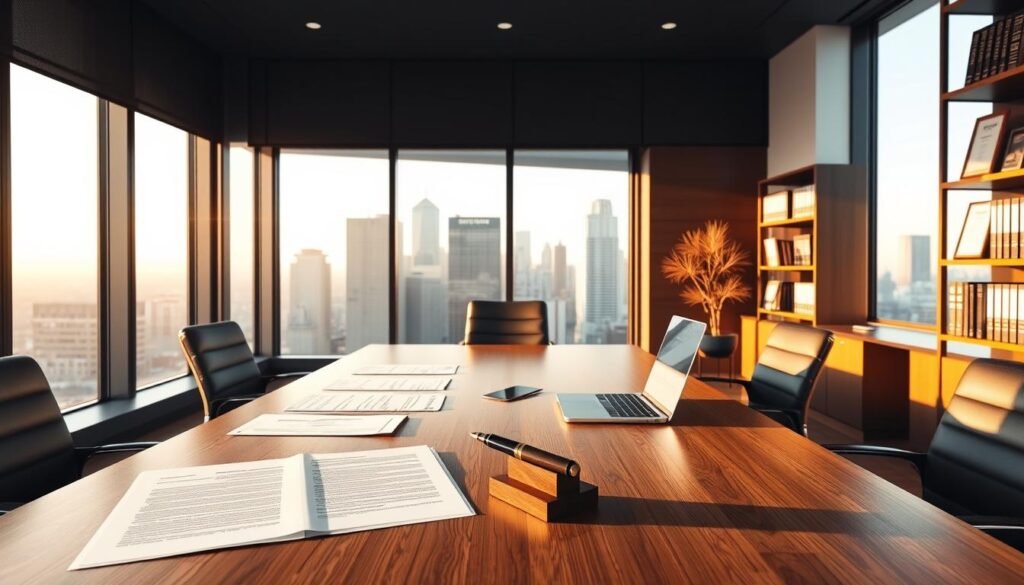 A modern, minimalist office scene with a sleek wooden desk and stylish office chairs. On the desk, various documents, a laptop, and a pen holder with a fountain pen. In the background, a large window overlooking a cityscape bathed in warm, golden afternoon light. Shelves lining the walls hold legal books and framed certificates. An air of professionalism and thoughtful organization pervades the space, reflecting the methodical steps involved in setting up a trust fund.