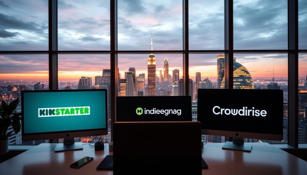 A modern office interior with a large glass window overlooking a vibrant city skyline. In the foreground, several computer screens display various equity crowdfunding platform logos, including Kickstarter, Indiegogo, and Crowdrise. The middle ground features a minimalist desk with a laptop, smartphone, and sleek office supplies. Soft, warm lighting emanates from the ceiling, creating a professional and inviting atmosphere. The background showcases the bustling urban landscape, highlighting the dynamic nature of the startup investment ecosystem.