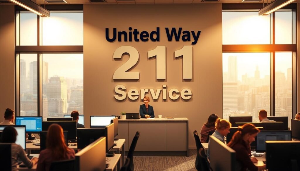 A modern office interior with a large sign reading "United Way 211 Service" prominently displayed on the wall. The foreground features a group of people sitting at desks, intently focused on their computer screens. The middle ground showcases a reception area with a friendly attendant assisting a visitor. The background depicts a vibrant city skyline visible through large windows, bathed in warm, natural lighting. The overall atmosphere conveys a sense of productivity, accessibility, and community-oriented assistance.
