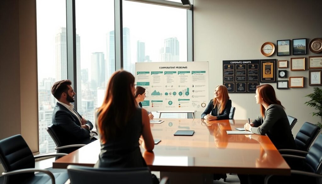 A modern office interior with a large window overlooking a bustling city skyline. In the foreground, a team of professionals sitting around a polished conference table, engaged in a lively discussion about corporate grant programs. The lighting is soft and warm, creating a professional yet inviting atmosphere. In the middle ground, a display board showcases various grant opportunities, with informative infographics and statistics. The background features a wall of awards and certificates, highlighting the company's commitment to supporting the local community through their grant initiatives.