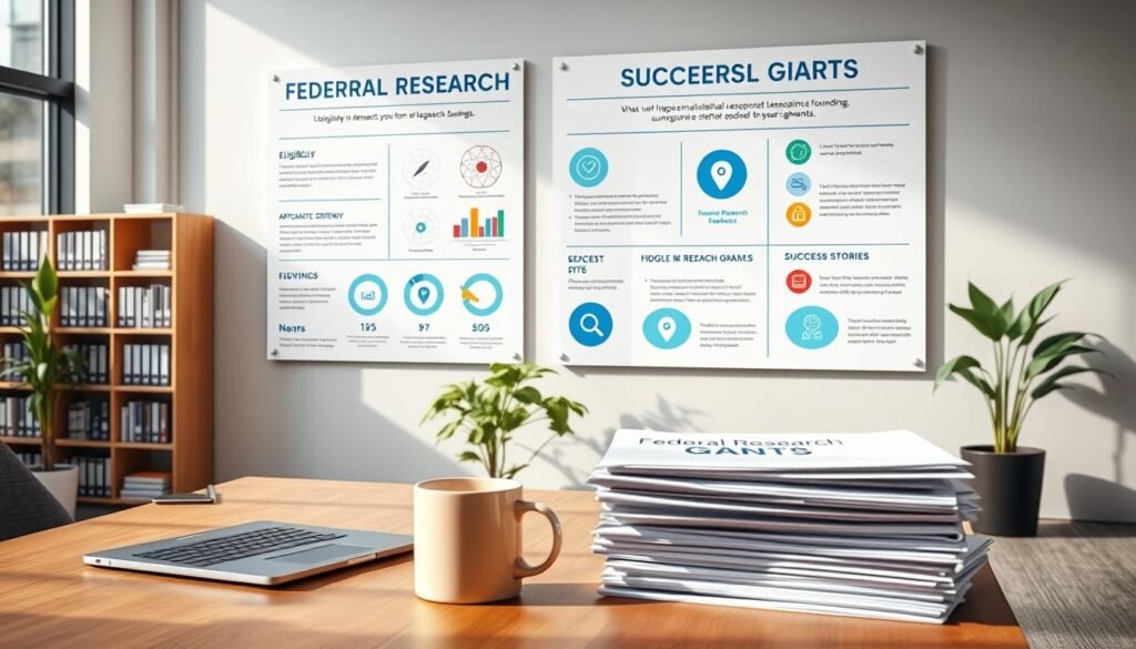 A modern office interior with natural lighting streaming through large windows. In the foreground, a wooden desk with a laptop, coffee mug, and a stack of folders labeled "Federal Research Grants". Behind it, a wall-mounted display showcases infographics detailing the eligibility criteria, application process, and success stories for securing federal research funding. In the background, a bookshelf filled with reference materials and a potted plant adds a touch of greenery. The overall mood is professional, informative, and inspiring, conveying the importance and accessibility of federal research grants.