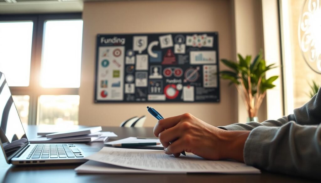 A modern office setting with a mid-day sunlight streaming through large windows, illuminating a desk with a laptop, stacks of documents, and a pen. In the foreground, a person's hands are carefully filling out a funding application form, brow furrowed in concentration. Behind them, a wall-mounted display board showcases various icons and infographics related to the funding process, such as dollar signs, timetables, and checklists. The room has a warm, professional atmosphere, with muted colors and a sense of focused productivity.