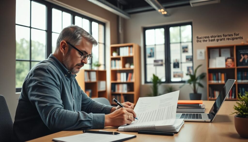 A modern office setting with a warm, professional atmosphere. In the foreground, a person diligently filling out a grant application form, their face focused and determined. Surrounding them, a neatly organized desk with a laptop, pen, and other essential stationery. In the middle ground, a bookshelf filled with reference materials and a wall display showcasing success stories of past grant recipients. The background features large windows allowing natural light to flood the space, creating a sense of openness and possibility. The lighting is soft and diffused, casting a subtle glow over the scene. The overall mood conveys a sense of purpose, diligence, and the potential for positive impact through the grant application process.