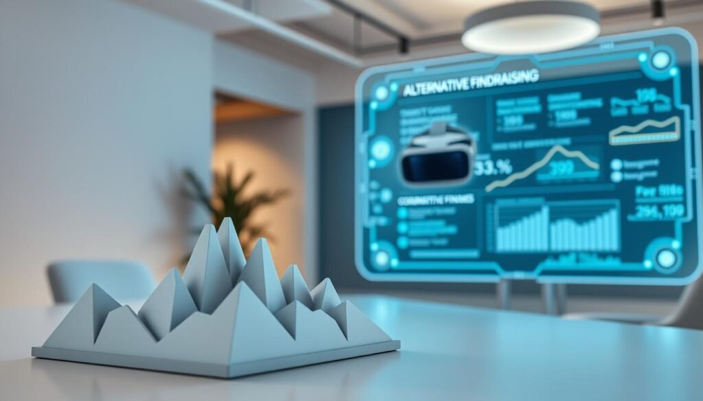 A modern office space with a minimalist aesthetic, soft lighting, and an array of unconventional fundraising solutions. In the foreground, a 3D-printed model of a crowdfunding platform, its sleek design casting dynamic shadows. In the middle ground, a virtual reality headset representing the potential of immersive experiences for fundraising. The background features a holographic display showcasing alternative financing options, their data visualizations pulsing with information. The overall mood is one of innovation, technology, and a progressive approach to capital raising.