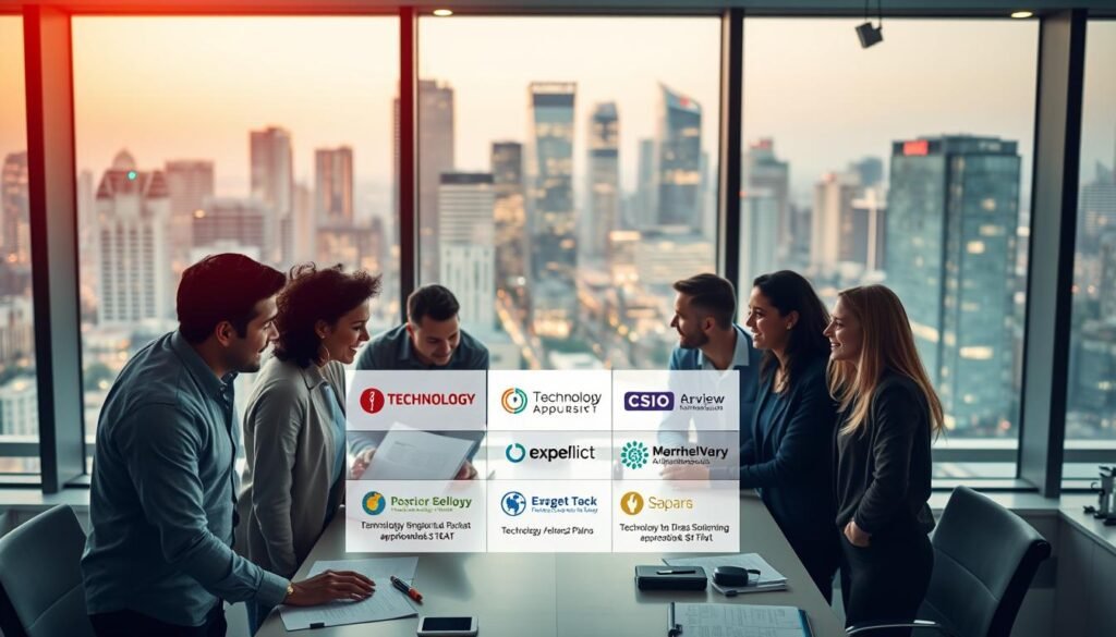 A modern, sleek office interior with large windows overlooking a bustling city skyline. In the foreground, a team of diverse entrepreneurs gathered around a table, excitedly discussing innovative business plans and prototypes. The middle ground features a digital display showcasing various technology-driven grant programs, their logos and key details. The background is filled with the warm glow of ambient lighting, creating a collaborative and inspirational atmosphere. The overall scene conveys a sense of progress, potential, and the transformative power of technology-focused entrepreneurship.