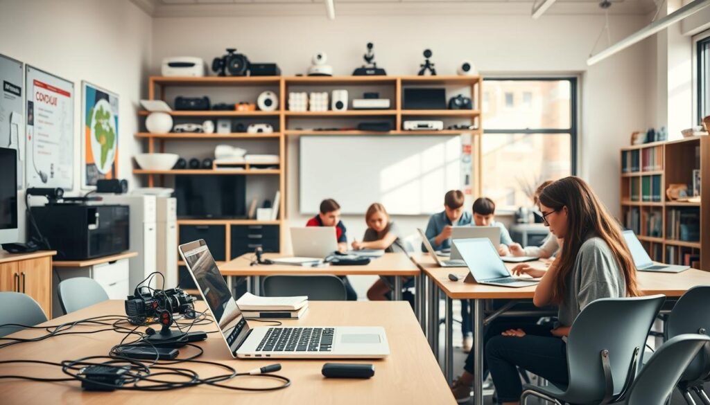A modern, well-equipped classroom showcasing an array of educational technology. In the foreground, a teacher's desk features a sleek laptop, a tablet, and an array of cables and adapters. On the shelves behind, an assortment of devices such as document cameras, interactive whiteboards, and coding robots are neatly arranged. The middle ground depicts students actively engaged with their own laptops and tablets, collaborating on projects. The background reveals a bright, sun-lit space with large windows, creating a warm, inviting atmosphere conducive to learning. Soft, diffused lighting illuminates the scene, emphasizing the cutting-edge tools and resources available to empower the educators and students.