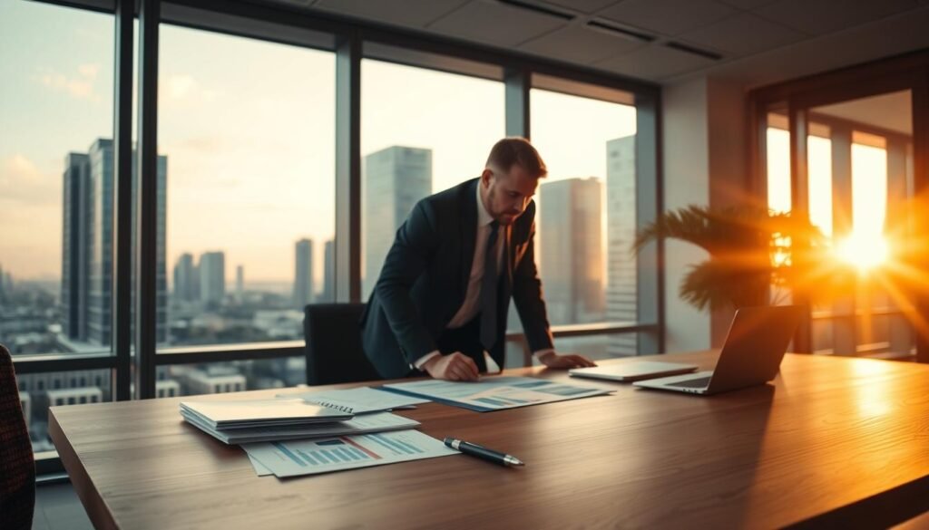 A modern, well-equipped office with a large, wooden desk in the foreground. On the desk, there are various financial documents, a laptop, and a pen. The middle ground features a business person in a suit, leaning over the desk, engaged in discussion. The background showcases a cityscape through large windows, with the sun setting and casting a warm, golden glow across the scene. The overall atmosphere conveys a sense of efficiency, urgency, and a successful, productive work environment where quick funding decisions are made.