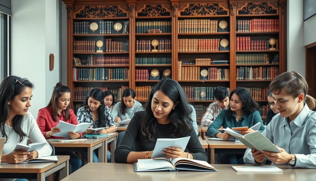 A modern, well-lit academic setting with a group of diverse students seated at desks, engaged in discussion and studying various course materials. The scene conveys a sense of focus, collaboration, and intellectual stimulation. Soft, warm lighting illuminates the room, creating a welcoming and inspiring atmosphere. In the background, a large, ornate wooden bookcase filled with books and academic awards, symbolizing the prestige and tradition of the scholarship program. The overall composition suggests a prestigious, nurturing, and enriching academic environment.
