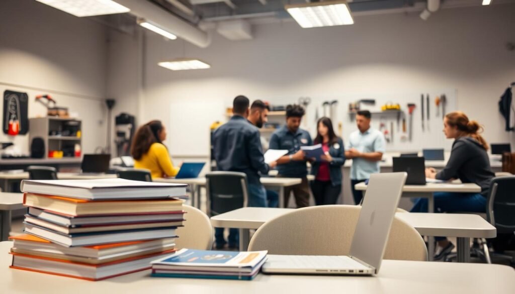A modern, well-lit classroom interior with desks, chairs, and whiteboards. In the foreground, a stack of books and a laptop symbolize academic resources. In the middle ground, a group of diverse students, some wearing technical uniforms, discuss course materials. In the background, shelves display technical equipment and tools, conveying the hands-on nature of trade school education. Soft, warm lighting creates a welcoming atmosphere, while the overall composition suggests the opportunities and potential of trade school scholarships.