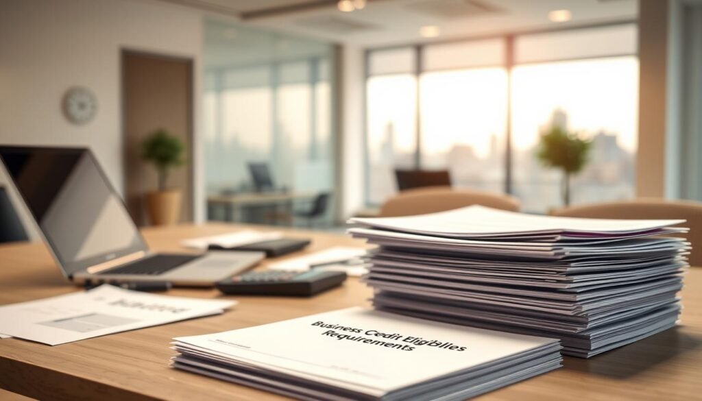 A neatly organized office desk with a laptop, documents, and a calculator, illuminated by warm, directional lighting. In the foreground, a stack of papers titled "Business Credit Eligibility Requirements" takes center stage, conveying a sense of important financial documentation. The middle ground features a modern, minimalist interior with clean lines and neutral tones, creating a professional, business-oriented atmosphere. The background showcases a blurred city skyline, hinting at the broader commercial context. The overall composition suggests a focused, analytical approach to understanding the prerequisites for obtaining business credit.