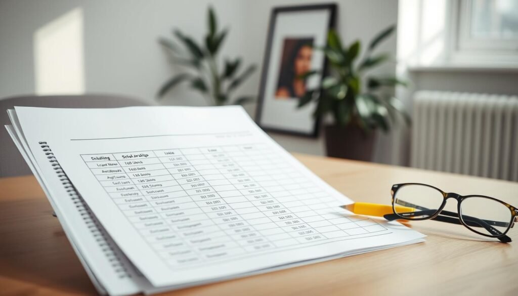 A neatly organized spreadsheet on a modern desktop, with columns for tracking scholarship details like applicant names, award amounts, and disbursement dates. In the foreground, a pen, highlighter, and glasses convey a sense of active management. Soft, natural lighting illuminates the scene, creating a professional, focused atmosphere. The background showcases a minimalist office setting, with a potted plant and framed artwork adding a touch of warmth. The overall composition emphasizes efficiency, attention to detail, and a commitment to streamlining scholarship administration.
