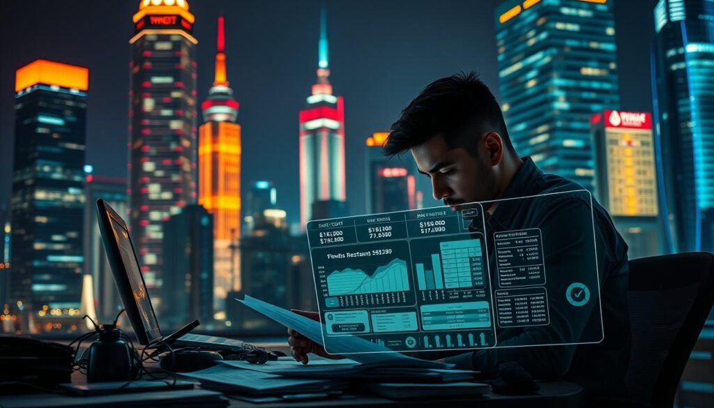A neon-lit cityscape at night, with skyscrapers casting long shadows. In the foreground, a startup co-founder sits at a cluttered desk, brow furrowed as they review financial projections and funding proposals. Behind them, a holographic display shows a breakdown of startup costs, investment needs, and potential revenue streams. The atmosphere is tense yet determined, conveying the weight of the startup's financial future resting on this moment of strategic planning. Dramatic lighting and a moody color palette create a sense of urgency and high-stakes decision-making. The image should visually communicate the challenges and considerations involved in assessing a startup's funding requirements.