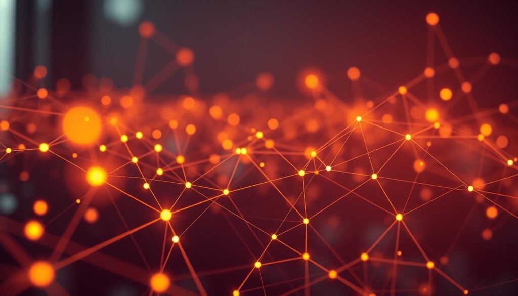 A network of interconnected lines and nodes representing the dynamic growth of startups, illuminated by warm, directional lighting. In the foreground, vibrant nodes pulsate with energy, symbolizing the entrepreneurial spirit. In the middle ground, delicate lines weave intricate patterns, visualizing the complex web of partnerships, investments, and collaborations that drive startup success. The background fades into a soft, ethereal glow, suggesting the boundless potential for innovation and expansion. The scene conveys a sense of momentum, innovation, and the catalytic role of venture capital in propelling startups forward.
