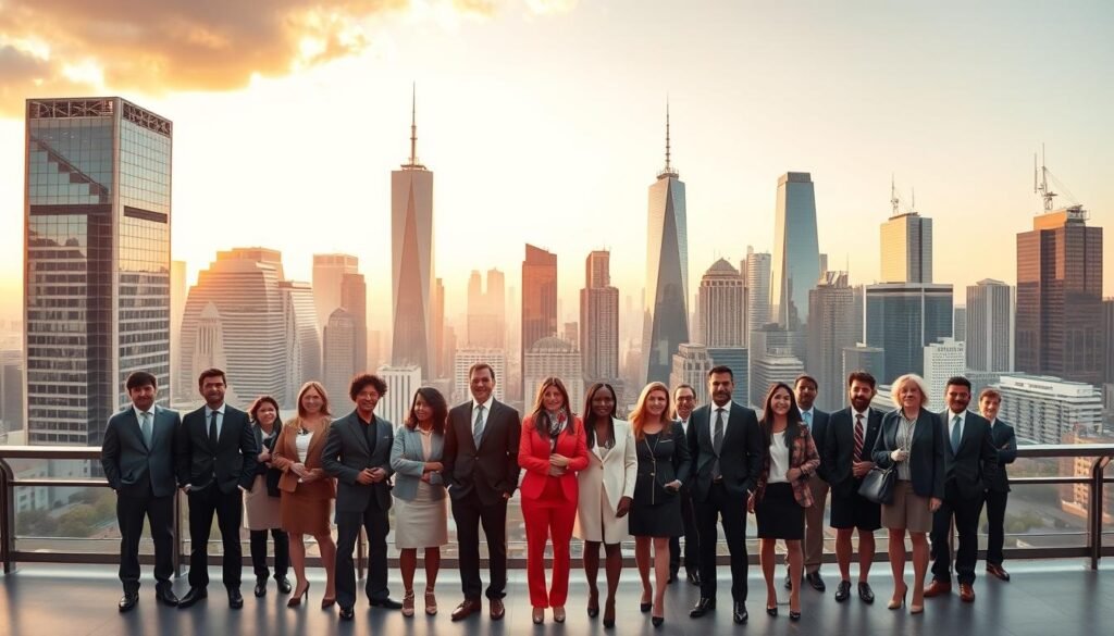 A panoramic view of a bustling city skyline, with towering skyscrapers and sleek modern architecture. In the foreground, a group of diverse business people stand in a confident, determined pose, representing the key sectors dominating angel investment opportunities. The background is illuminated by warm, golden lighting, creating an atmosphere of prosperity and growth. The scene is captured with a wide-angle lens, emphasizing the scale and dynamism of the cityscape and the investors at its heart. The image conveys a sense of opportunity, innovation, and the potential for transformative growth in the most promising industries.