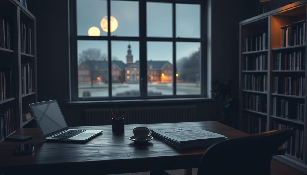 A peaceful, dimly lit study room with a wooden desk and bookshelves lining the walls. On the desk, an open laptop, a cup of coffee, and a stack of papers labeled "Grad Scholarships". Soft ambient lighting illuminates the space, creating a contemplative atmosphere. In the background, a large window offers a view of a serene, moonlit campus. Subtle textures and muted colors evoke a sense of quiet contemplation, hinting at the hidden opportunities within the lesser-known scholarships.