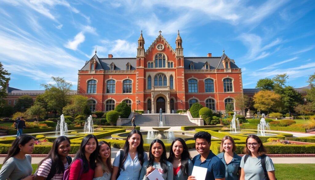 A peaceful, serene campus setting with a grand, gothic-inspired university building as the focal point. In the foreground, a group of diverse, smiling students are gathered, representing the inclusive nature of the Gates Scholarship. The middle ground features lush, manicured gardens and fountains, conveying a sense of tranquility and academic excellence. The background showcases a clear, blue sky with wispy clouds, creating a calm and inspirational atmosphere. The lighting is soft and warm, highlighting the welcoming and supportive environment fostered by the Gates Scholarship program. The overall composition and attention to detail capture the essence of the program's benefits, including academic opportunities, financial support, and a nurturing community.