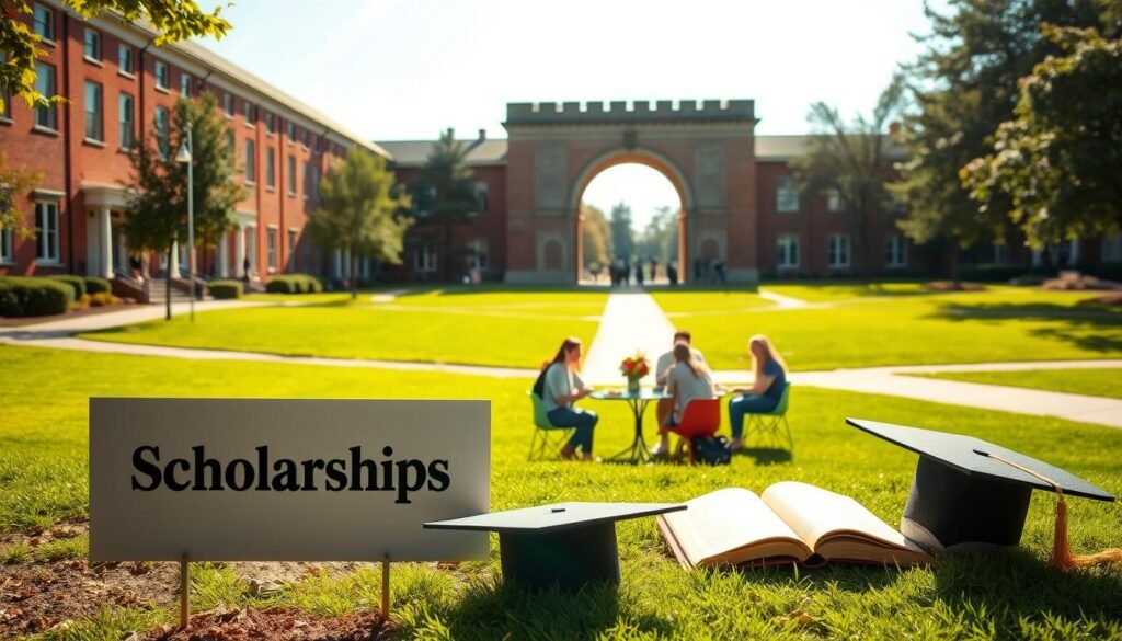 A peaceful, sun-drenched campus setting with a row of brick buildings, lush green lawns, and students strolling between classes. In the foreground, a prominent sign displaying "Scholarships" draws the eye, flanked by an open book and a graduation cap. The middle ground features a group of students gathered around a table, discussing financial aid options. In the background, a towering limestone archway frames the scene, casting warm, diffused light across the landscape. The overall mood is one of academic optimism and opportunity, capturing the essence of "Scholarships for Undergraduate Students".