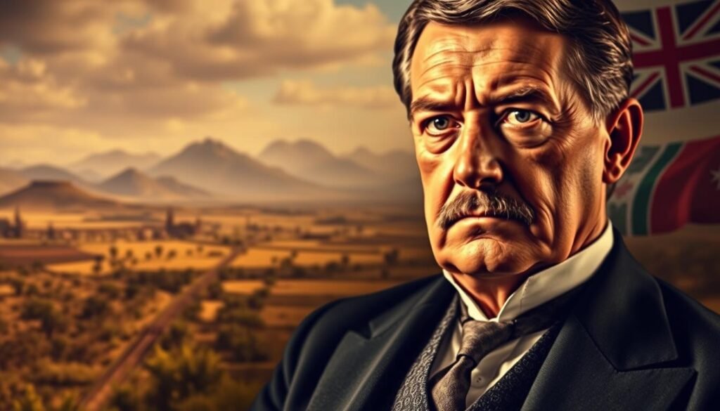 A portrait of Cecil Rhodes, the founder of the Rhodes Scholarship, set against a backdrop of his life and legacy. In the foreground, a detailed likeness of Rhodes, his piercing gaze and stern expression conveying his determination and ambition. In the middle ground, a panoramic view of the African landscape, with rolling hills and lush vegetation, hinting at the expansionist policies he championed. In the background, faint outlines of historical events and landmarks, such as the Cape-to-Cairo railway he envisioned, and the flags of the British Empire, reflecting the global reach of his influence. The lighting is warm and rich, casting a contemplative mood over the scene, as if inviting the viewer to ponder the complex and contentious legacy of this influential historical figure.