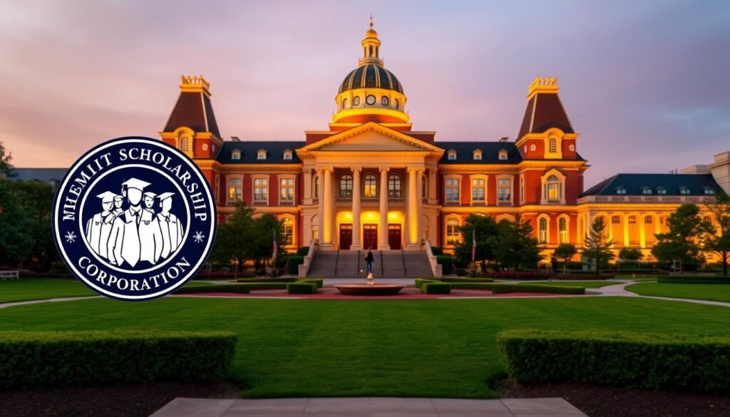 A prestigious academic institution against a backdrop of majestic architecture, illuminated by warm, golden lighting. The foreground showcases the "Merit Scholarship Corporation" logo, rendered in a bold, emblematic style that evokes a sense of academic excellence and prestige. The middle ground features a collection of scholarly figures, deep in contemplation, symbolizing the intellectual rigor and dedication of the program. The background presents a well-manicured campus, complete with lush greenery and a harmonious blend of classical and modern design elements, creating an atmosphere of tradition and innovation. The overall composition conveys the gravity and significance of the National Merit Scholarship program.