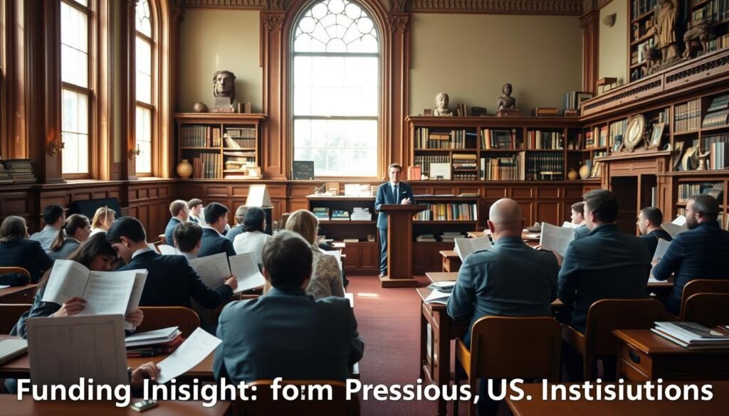 A prestigious university lecture hall, sunlight streaming through large windows, wooden desks and chairs arranged in rows. In the foreground, a group of students intently studying various documents and reports, their expressions thoughtful. In the middle ground, a professor stands at the podium, gesturing animatedly as they present a case study to the class. The background features shelves of books and academic artifacts, conveying a sense of scholarly tradition and discovery. The overall atmosphere is one of intellectual rigor and engaged learning, befitting the &quot;Funding Insights from Prestigious U.S. Institutions&quot; section of the article.