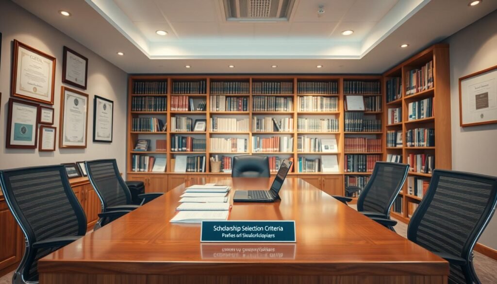 A pristine, well-lit office setting with a polished wooden desk and modern ergonomic chairs. On the desk, neatly organized documents, a laptop, and a name plate that reads &quot;Scholarship Selection Criteria&quot;. The walls are adorned with framed certificates and accolades, conveying a sense of academic excellence and rigor. Soft, diffused lighting from overhead fixtures creates a warm, professional atmosphere. In the background, a large bookshelf filled with volumes on education, philanthropy, and student success. The overall scene exudes an air of diligence, fairness, and a commitment to identifying the most deserving scholarship recipients.