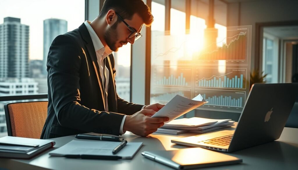 A professional business executive reviewing financial documents, surrounded by graphs, charts, and digital displays showcasing funding processes. The scene is lit by a warm, golden light from a large window, casting a soft glow on the workspace. The desk is organized and minimalist, with a laptop, tablet, and various stationery items. The background features a modern, urban cityscape, hinting at the broader context of the funding process. The overall mood is one of focused concentration and analytical rigor, reflecting the complexities of navigating the funding landscape.