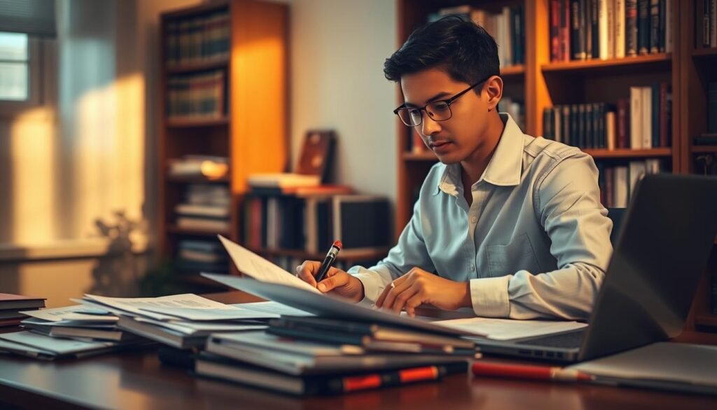 A professional, focused writer sits at a desk, carefully crafting a grant proposal. Warm, directional lighting illuminates the scene, casting shadows that add depth and drama. The writer's face is in concentration, surrounded by neatly organized documents, research materials, and a laptop displaying draft text. In the background, a bookshelf filled with resources on fundraising and grant writing suggests an experienced, knowledgeable approach. The atmosphere conveys a sense of determination and attention to detail, reflecting the importance of securing vital nonprofit funding through a well-written, compelling grant proposal.