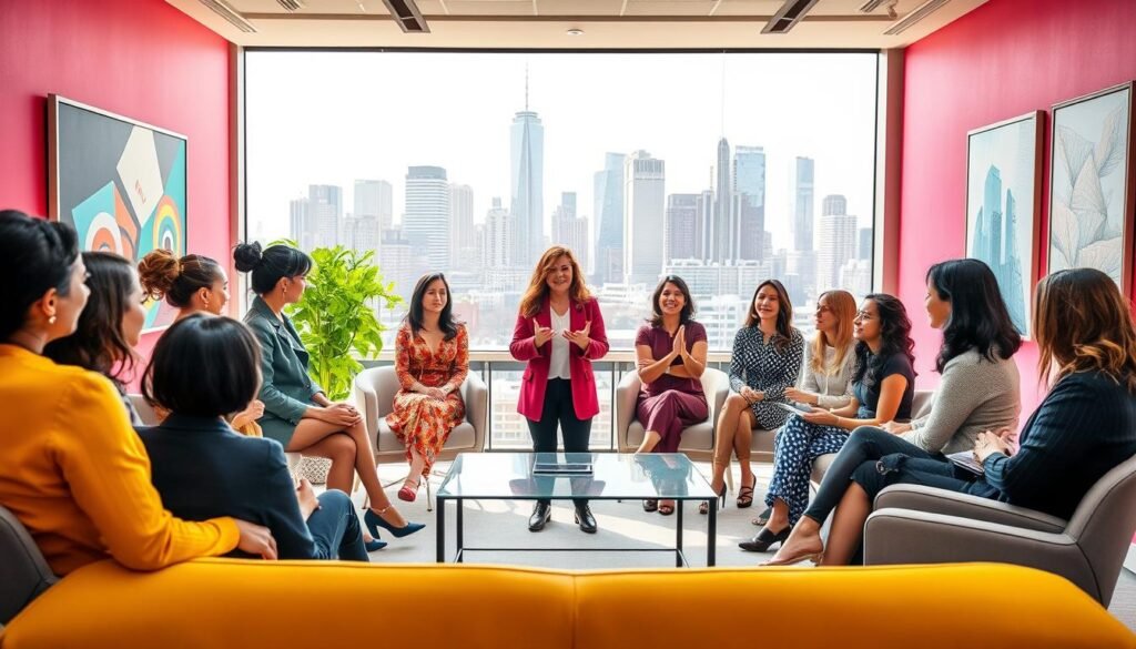 A professional startup accelerator program for women entrepreneurs, set against a vibrant, colorful backdrop. In the foreground, a group of confident, diverse women pitch their innovative business ideas to a panel of attentive investors and mentors. The middle ground showcases a modern co-working space with sleek furniture, abundant natural light, and inspirational wall art. In the background, a city skyline with towering skyscrapers symbolizes the boundless opportunities for growth and success. The overall scene conveys a sense of empowerment, collaboration, and the unwavering support for female-led ventures.
