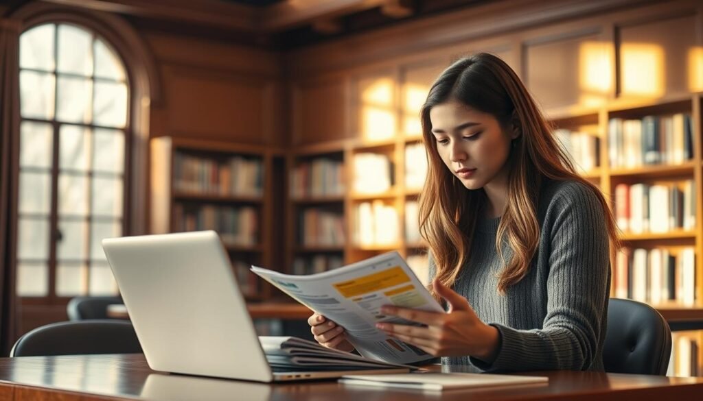 A serene academic setting, a graduate student perusing information on funding opportunities. Soft, diffused lighting illuminates a library or campus office, wood-paneled walls and shelves of books in the background. In the foreground, the student pores over brochures and papers, a laptop open on the desk. Shafts of light filter through windows, creating a contemplative atmosphere. The scene conveys the thoughtful process of researching scholarships, fellowships, and other financial aid to support advanced social work studies. Warm, earthy tones and a sense of quiet focus set the tone for this important academic milestone.