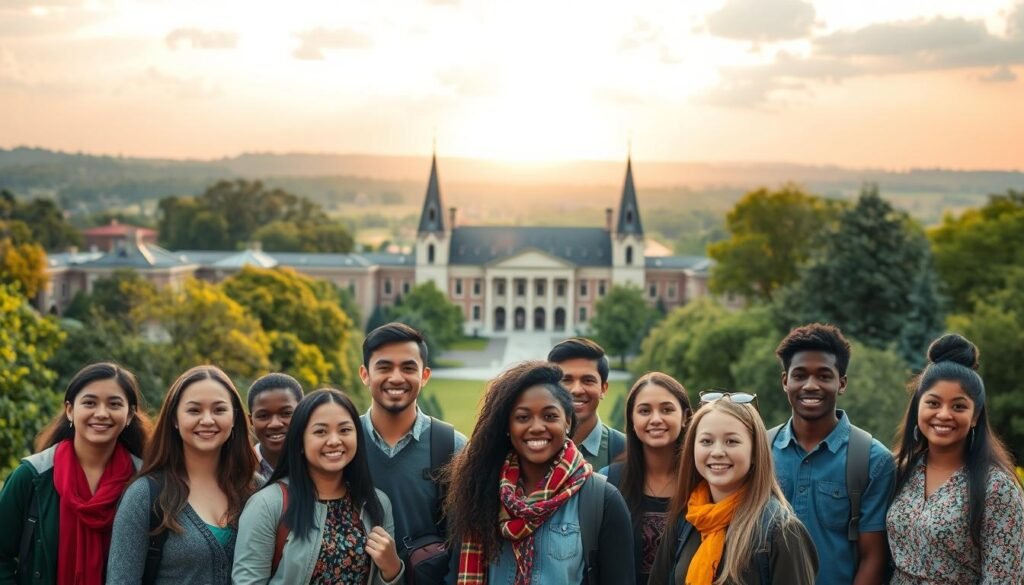 A serene and aspirational landscape depicting the benefits of the Gates Scholarship program. In the foreground, a group of diverse, accomplished students standing proudly, their faces radiating joy and determination. In the middle ground, a majestic university campus with stately Gothic architecture, surrounded by lush greenery. In the background, a glowing horizon symbolizing the boundless opportunities and bright futures awaiting Gates Scholars. The scene is bathed in warm, golden light, conveying a sense of hope, possibility, and the transformative power of education.