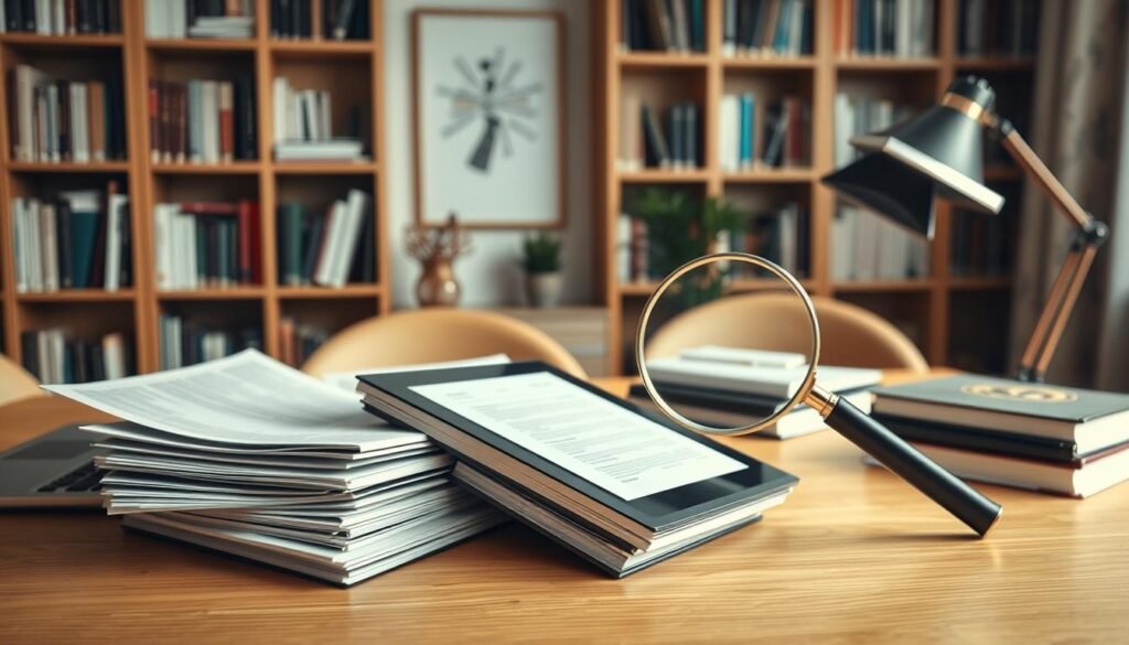 A serene and organized workspace with a desk showcasing various scholarship search tools. On the desk, we see a laptop, a tablet, stacks of informative brochures, and a magnifying glass meticulously examining search results. The lighting is soft and diffused, creating a warm and inviting atmosphere conducive to research and discovery. The background features bookshelves filled with academic resources, complemented by subtle, elegant decor that radiates a sense of scholarly pursuit. The overall composition conveys a sense of diligence, attention to detail, and a dedicated quest for educational funding opportunities.