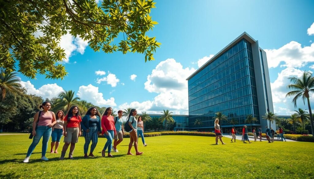 A serene and vibrant scene of the Florida Bright Futures Scholarship program. In the foreground, a group of diverse students in casual attire gather on a lush, green campus lawn, their faces alight with hope and determination. In the middle ground, a striking modern university building with sleek, contemporary architecture stands tall, its glass façade reflecting the brilliant Floridian sun. The background features a clear, azure sky dotted with fluffy white clouds, creating a sense of boundless opportunity. The overall atmosphere is one of optimism, academic excellence, and the promise of a brighter future for the students about to embark on their higher education journey.