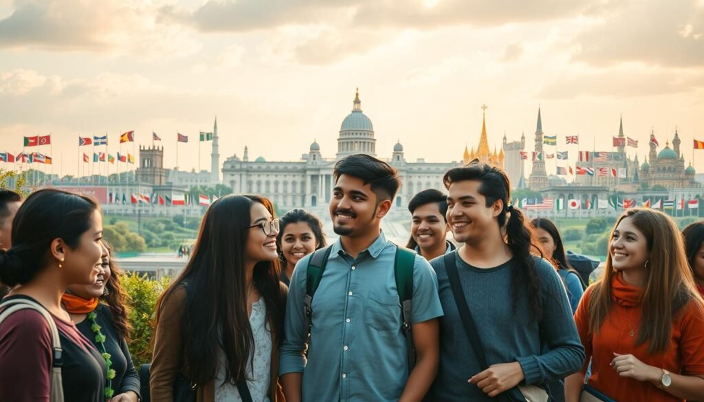 A serene global landscape of diverse cultures and vibrant colors, captured through the lens of the Fulbright global education exchange. In the foreground, a group of students from various backgrounds engage in lively discussions, their faces alight with the joy of intellectual discovery. In the middle ground, a grand, stately building symbolizes the institutional framework that fosters this international exchange of knowledge and ideas. In the distant background, a mosaic of flags and landmarks from around the world, representing the program's worldwide reach and impact. The scene is illuminated by a warm, golden light, conveying a sense of unity, inspiration, and the transformative power of cross-cultural learning.
