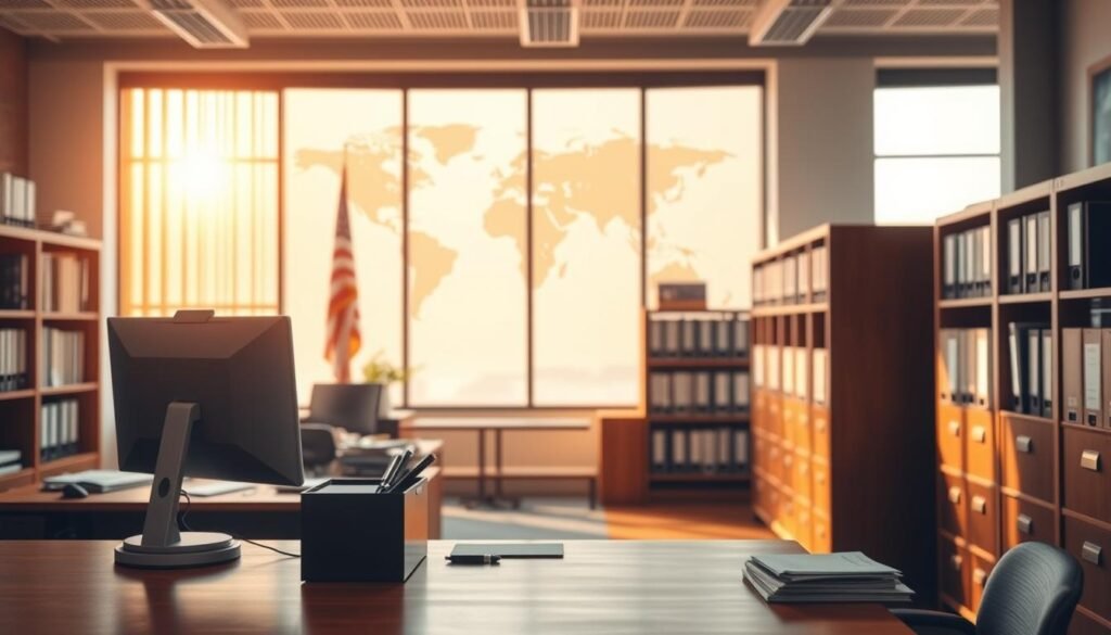 A serene government office interior, bathed in warm, natural lighting from large windows. In the foreground, a wooden desk with a computer and various office supplies, symbolizing the administrative aspects of grant opportunities. In the middle ground, shelves and filing cabinets filled with documents, hinting at the wealth of funding information available. The background features a softly blurred world map, suggesting the broad reach and global impact of these government grants. The overall atmosphere conveys a sense of professionalism, productivity, and the tangible opportunities available to those seeking financial support. A serene government office interior, bathed in warm, natural lighting from large windows. In the foreground, a wooden desk with a computer and various office supplies, symbolizing the administrative aspects of grant opportunities. In the middle ground, shelves and filing cabinets filled with documents, hinting at the wealth of funding information available. The background features a softly blurred world map, suggesting the broad reach and global impact of these government grants. The overall atmosphere conveys a sense of professionalism, productivity, and the tangible opportunities available to those seeking financial support.