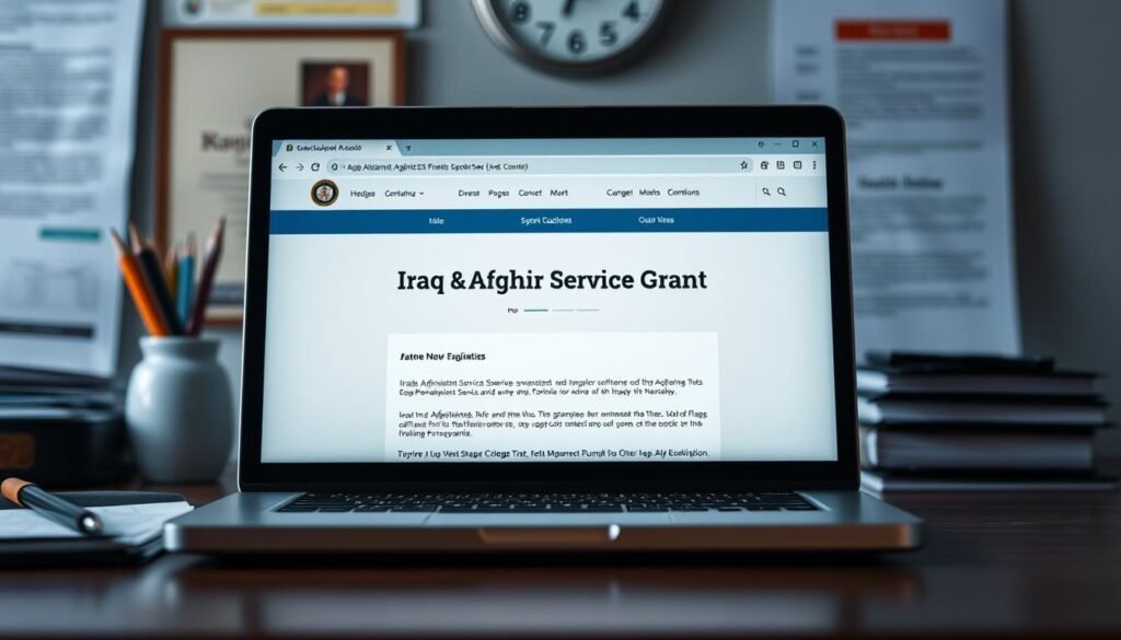 A serene, high-resolution photograph of a laptop screen displaying an official-looking web page with the title "Iraq Afghanistan Service Grant" against a subtly blurred background of government office supplies and documents. The screen is illuminated by soft, diffused lighting, creating a professional, authoritative atmosphere. The layout and design of the web page are clean and modern, reflecting the informative, educational nature of the content. The overall composition draws the viewer's attention to the grant details, suggesting its importance within the broader context of college funding opportunities.