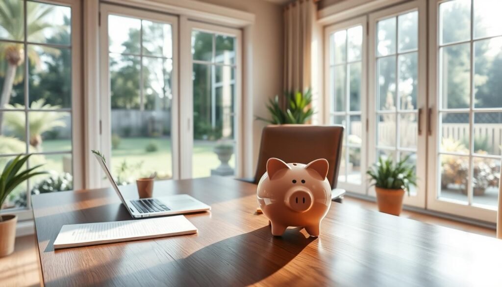 A serene home office with ample natural light, a wooden desk, and a comfortable leather chair. On the desk, a laptop, a notepad, and a piggy bank, symbolizing the self-funding process. The background features a large window overlooking a tranquil garden, creating a sense of balance and introspection. The overall atmosphere is one of focused productivity and financial self-reliance.
