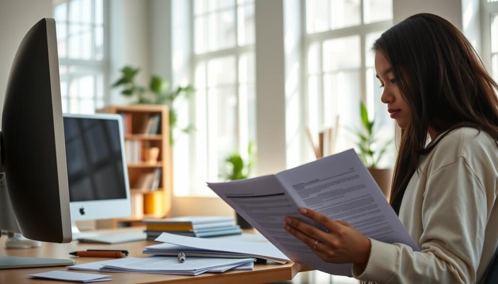 A serene, modern office setting with natural lighting streaming through large windows. In the foreground, a student intently reviews the Gates Scholarship application, carefully filling out forms and gathering supporting documents. The middle ground features a desktop computer, stationery, and a thoughtful expression on the applicant's face. In the background, a bookshelf and potted plants suggest an environment conducive to academic focus and success. The overall atmosphere conveys a sense of diligence, determination, and the gravity of the application process.