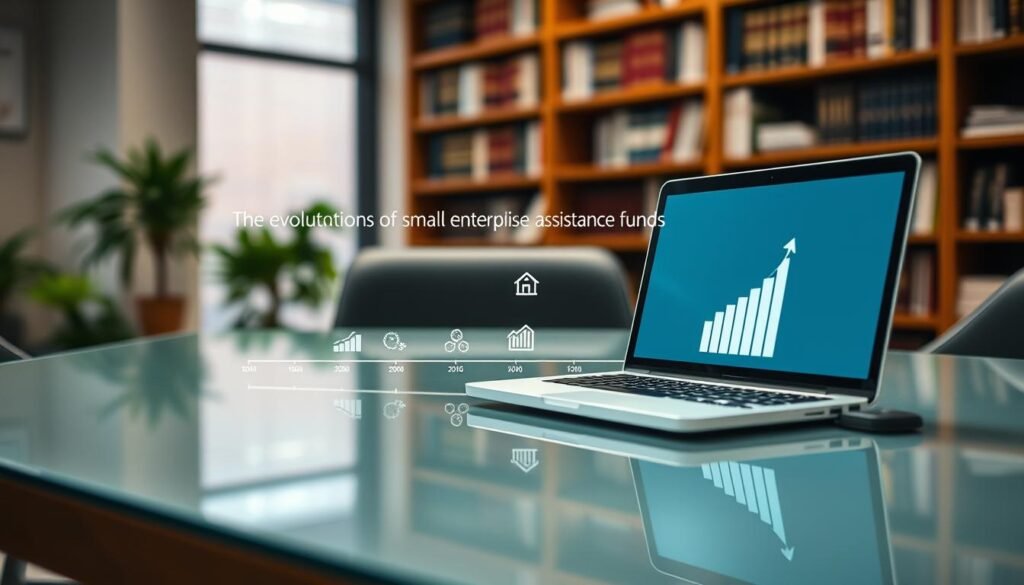 A serene office setting with a glass-topped desk showcasing the evolution of small enterprise assistance funds. In the foreground, a laptop displays a timeline of funding programs, illuminated by soft, diffused lighting. In the middle ground, stylized icons and graphs represent the growth and impact of these initiatives. The background features a bookshelf with industry-relevant volumes, creating a professional, research-driven atmosphere. The scene conveys a sense of progress, expertise, and the dedicated support available to small businesses.
