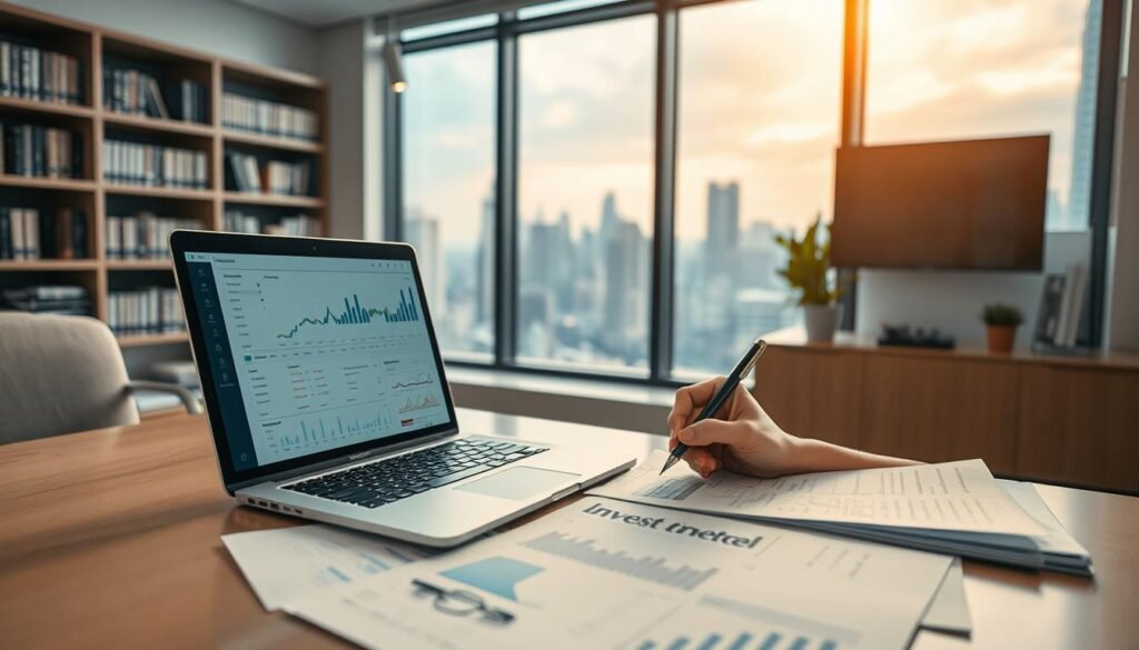 A serene office setting, with a large window overlooking a bustling cityscape. On the desk, a laptop displays charts and graphs, surrounded by neatly organized financial documents. A professional's hand makes notes in the margins, guiding the viewer through the intricacies of investment strategies. Soft, warm lighting casts a contemplative glow, suggesting the importance of the task at hand. In the background, shelves filled with reference books and a wall-mounted display screen provide a sense of expertise and authority. The overall atmosphere conveys a harmonious balance between technological sophistication and human insight, as the viewer is invited to engage with the nuances of investment guidance.