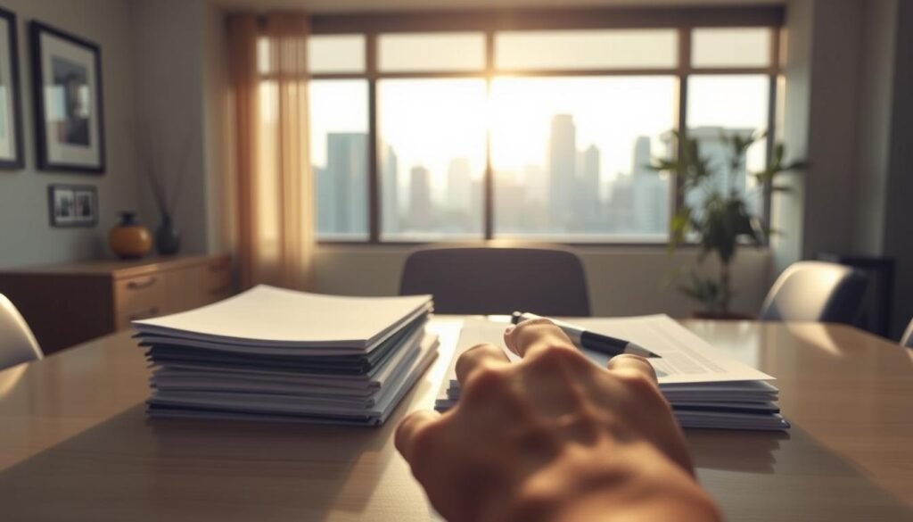 A serene office setting with a well-lit desk and a stack of documents representing student loan documents. In the foreground, a hand reaching out to sign a loan forgiveness form, symbolizing the relief and freedom from the burden of student debt. The background features a window overlooking a cityscape, bathed in soft, warm lighting, conveying a sense of hope and new beginnings. The overall composition evokes a feeling of resolution and a fresh start, reflecting the themes of the "Student Loan Forgiveness and Discharge Programs" section.