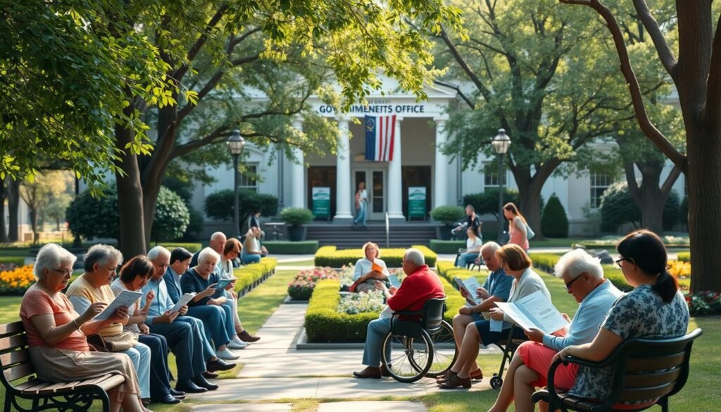 A serene park scene with a government benefits office in the background, its facade adorned with flags and banners. In the foreground, a diverse group of people - elderly, disabled, and families - sit on benches, consulting brochures and speaking with aides. Soft, natural lighting filters through the trees, creating a welcoming atmosphere. The middle ground features neatly manicured gardens and walkways, guiding visitors towards the entrance. The overall mood is one of accessibility, support, and community, reflecting the government's commitment to providing financial assistance programs.