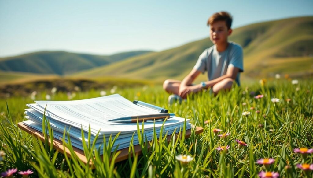 A serene, sun-dappled meadow with lush green grass and vibrant wildflowers. In the foreground, a stack of documents and a pen rests on a wooden clipboard, representing a no-essay scholarship application. The middle ground features a young person, dressed in casual summer attire, sitting cross-legged and contemplating the application, their face conveying a sense of optimism and determination. The background is a rolling landscape of gentle hills, with a clear blue sky overhead, creating a tranquil, inviting atmosphere. Soft natural lighting filters through, casting warm, golden tones across the scene. The overall mood is one of opportunity, simplicity, and the promise of educational funding without the burden of a lengthy essay.
