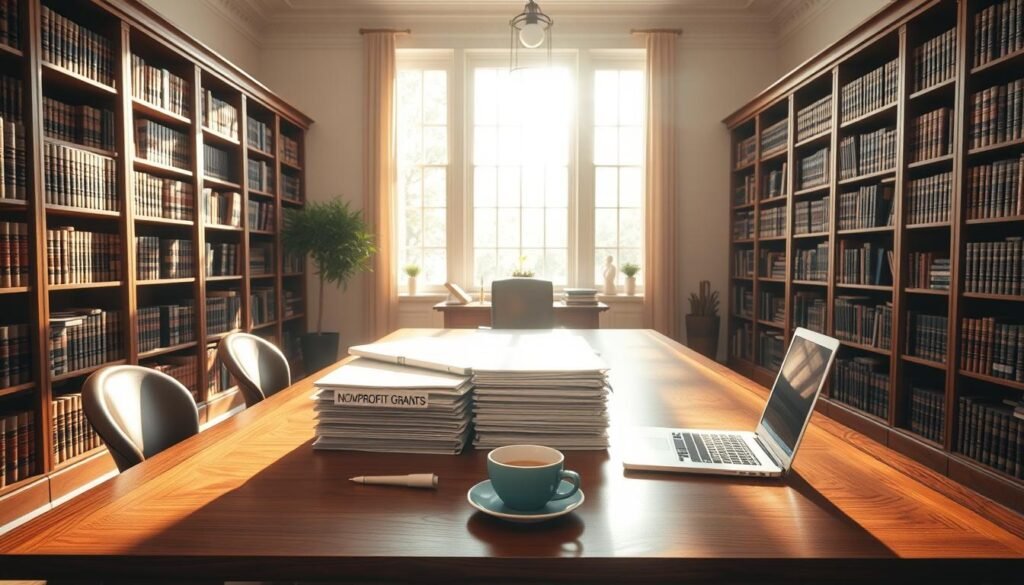 A serene, sun-dappled office interior, with a large wooden desk at the center. On the desk, a stack of folders and documents labeled "Nonprofit Grants", alongside a laptop and a cup of coffee. Bookcases line the walls, filled with legal tomes and reference materials. Soft, warm lighting filters in through large windows, casting a gentle glow on the scene. The atmosphere is one of focused productivity and quiet contemplation, as a nonprofit professional reviews grant opportunities to support their organization's mission.