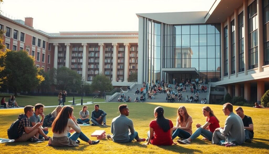 A serene university campus with a diverse group of students engaged in lively academic discussions and cultural exchange. In the foreground, students from different backgrounds sit together on a grassy quad, exchanging ideas and sharing insights. The middle ground features a towering library, its stately architecture and grand columns representing the pursuit of knowledge. In the background, a modern lecture hall with floor-to-ceiling windows allows natural light to flood the space, symbolizing the illumination of the mind. The scene is bathed in warm, golden tones, creating a welcoming and inspiring atmosphere that captures the essence of the Fulbright Scholarship's mission to foster international understanding and academic growth.