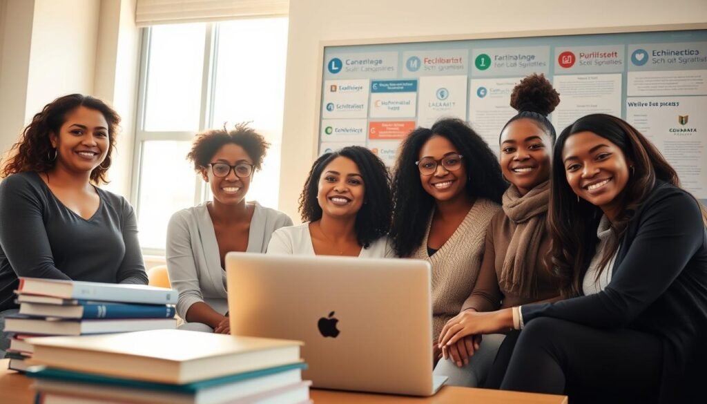 A serene, well-lit scene with a group of diverse, confident women sitting or standing together, their faces illuminated by natural light streaming through a large window. In the foreground, a stack of books and a laptop symbolize their academic pursuits, while a bulletin board in the background displays various scholarship program logos and information. The overall atmosphere conveys a sense of empowerment, camaraderie, and a shared commitment to educational advancement. The lighting is warm and soft, creating a sense of optimism and possibility. The camera angle is slightly elevated, allowing the viewer to observe the scene as if present in the space.
