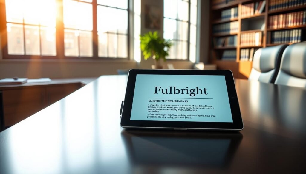A sleek, modern office interior with an elegant desk and ergonomic chair. Sunlight streams in through large windows, casting a warm, inviting glow. On the desk, a tablet displays the Fulbright logo and eligibility requirements, neatly organized and presented in a clean, professional layout. In the background, bookshelves and diplomas convey an atmosphere of academic excellence and international opportunity. The overall scene evokes a sense of opportunity, ambition, and the pursuit of global education and cultural exchange.